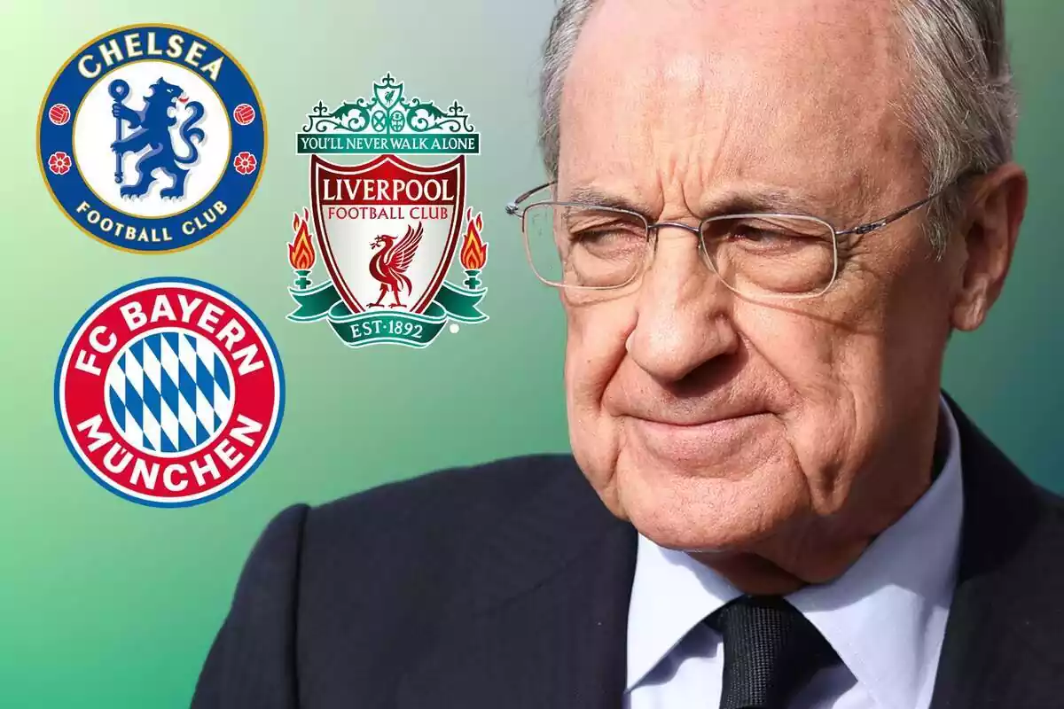 Muntatge de Florentino Pérez amb els escuts del Bayern, el Liverpool i el Chelsea