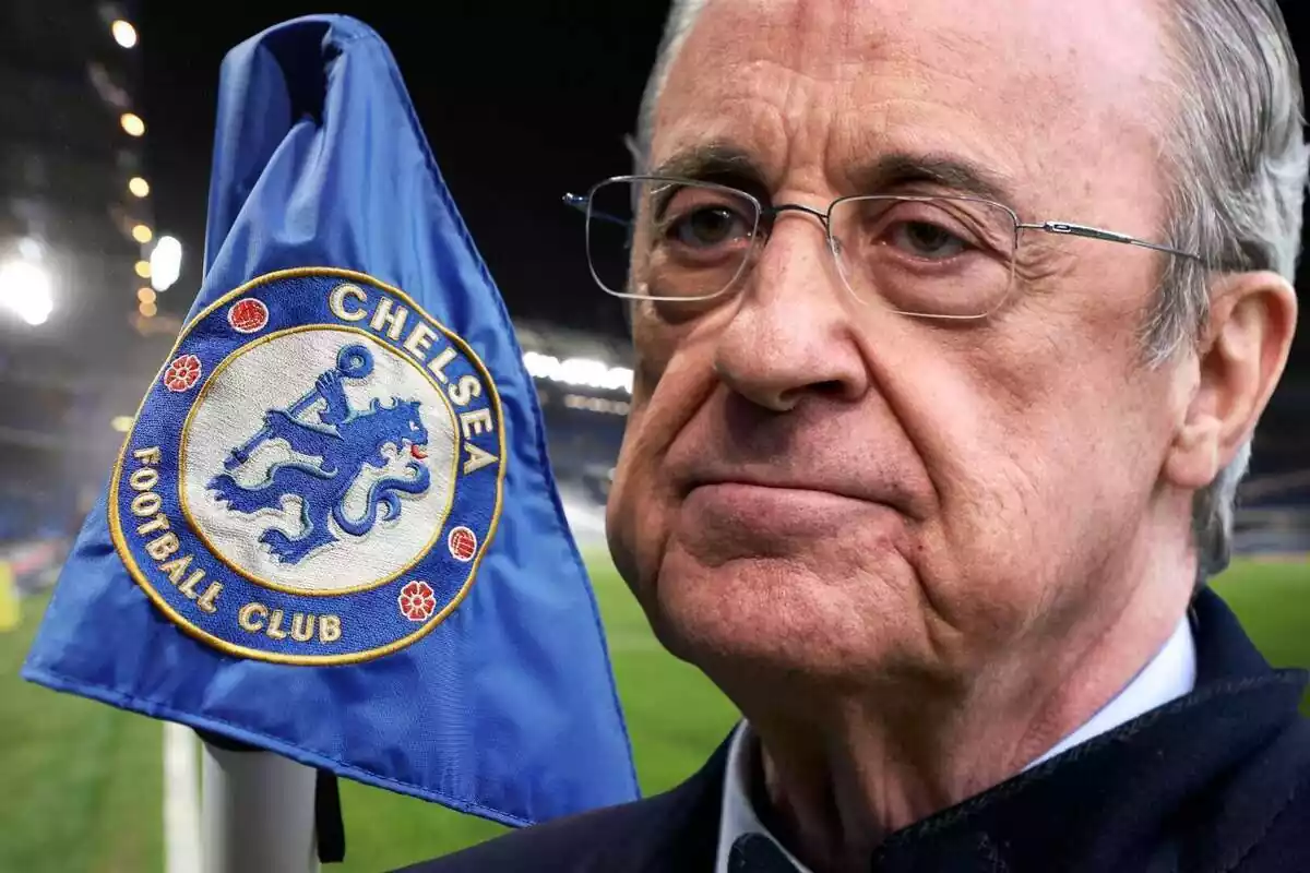 Florentino Pérez amb la cara seriosa al costat d'un banderí de córner amb el logo del Chelsea