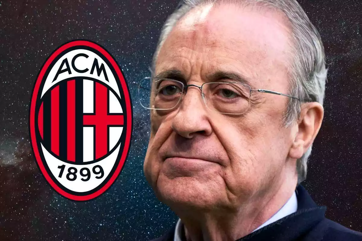 Florentino Pérez primer pla de cara amb escut AC Milan