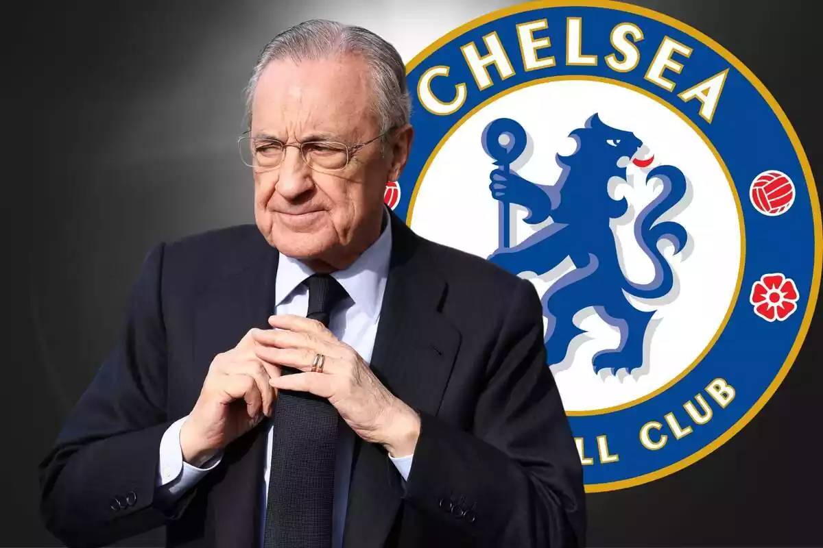 Muntatge de Florentino Pérez amb l'escut del Chelsea