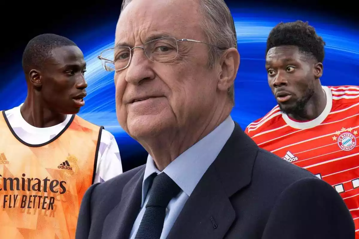 Florentino Pérez al centre amb Ferland Mendy i Alphonso Davies a seu costat