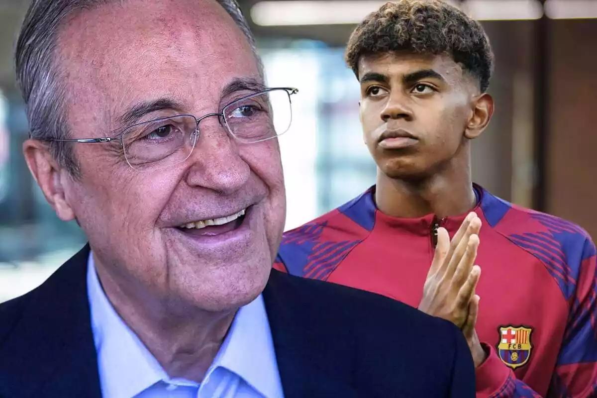 Florentino Pérez, feliç, al costat de Lamine Yamal mirant cap a un costat