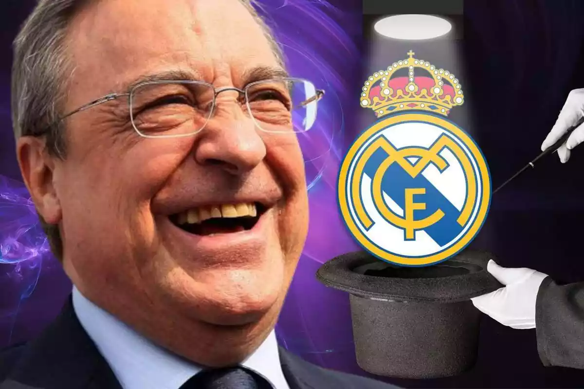 Florentino Pérez amb un gran somriure al costat d'un barret per fer màgia i l'escut del Reial Madrid