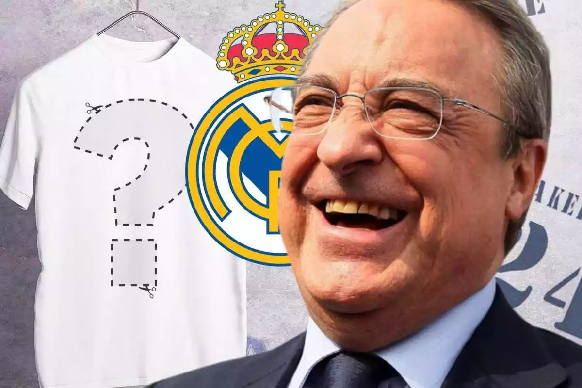 Florentino Pérez, feliç amb l'escut del Reial Madrid darrere i una samarreta amb un signe d'interrogació