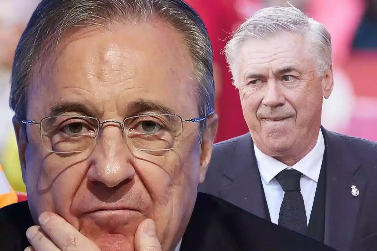 Primer pla de Florentino Pérez i pla mitjà de Carlo Ancelotti, tots dos molt seriosos