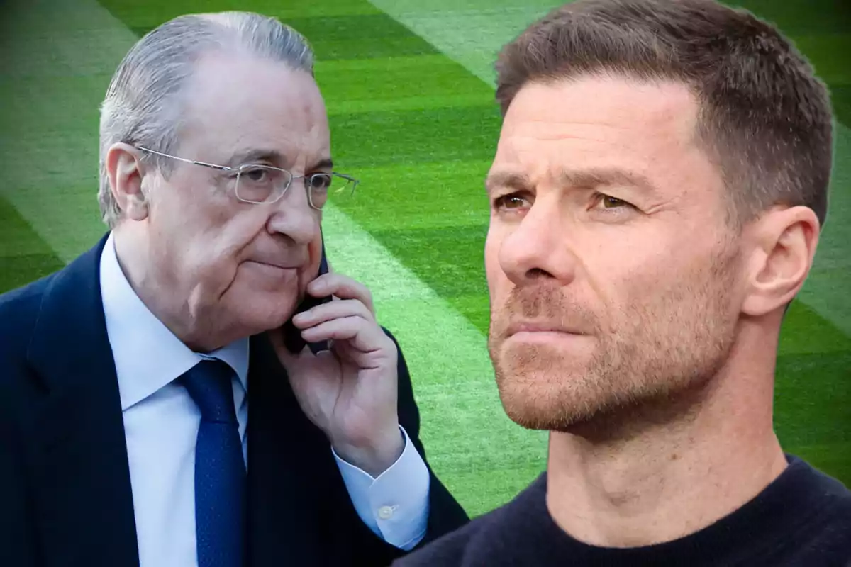 Two men on a soccer field, one talking on the phone and the other looking straight ahead.