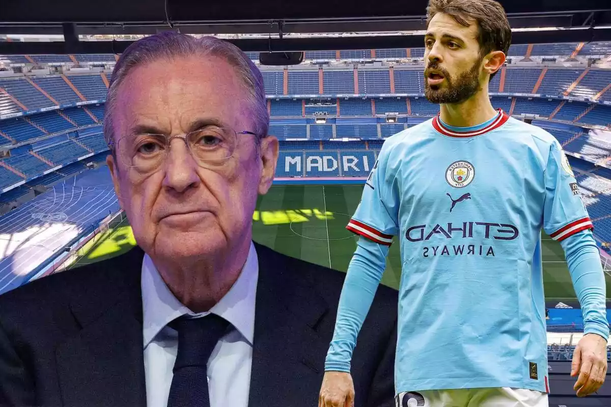 Florentino Pérez i Bernardo Silva en primer pla amb l'estadi del Reial Madrid de fons