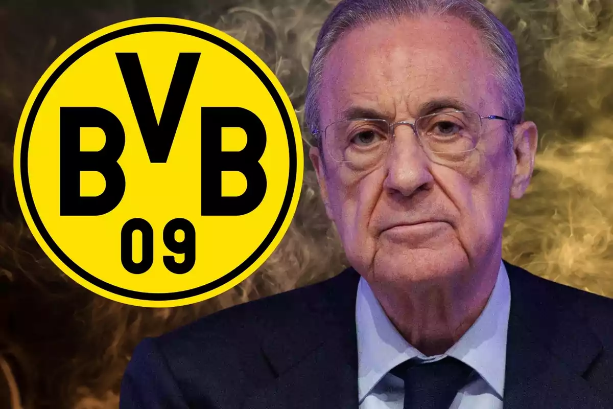 Florentino Pérez amb l'escut del Borussia Dortmund en primer pla