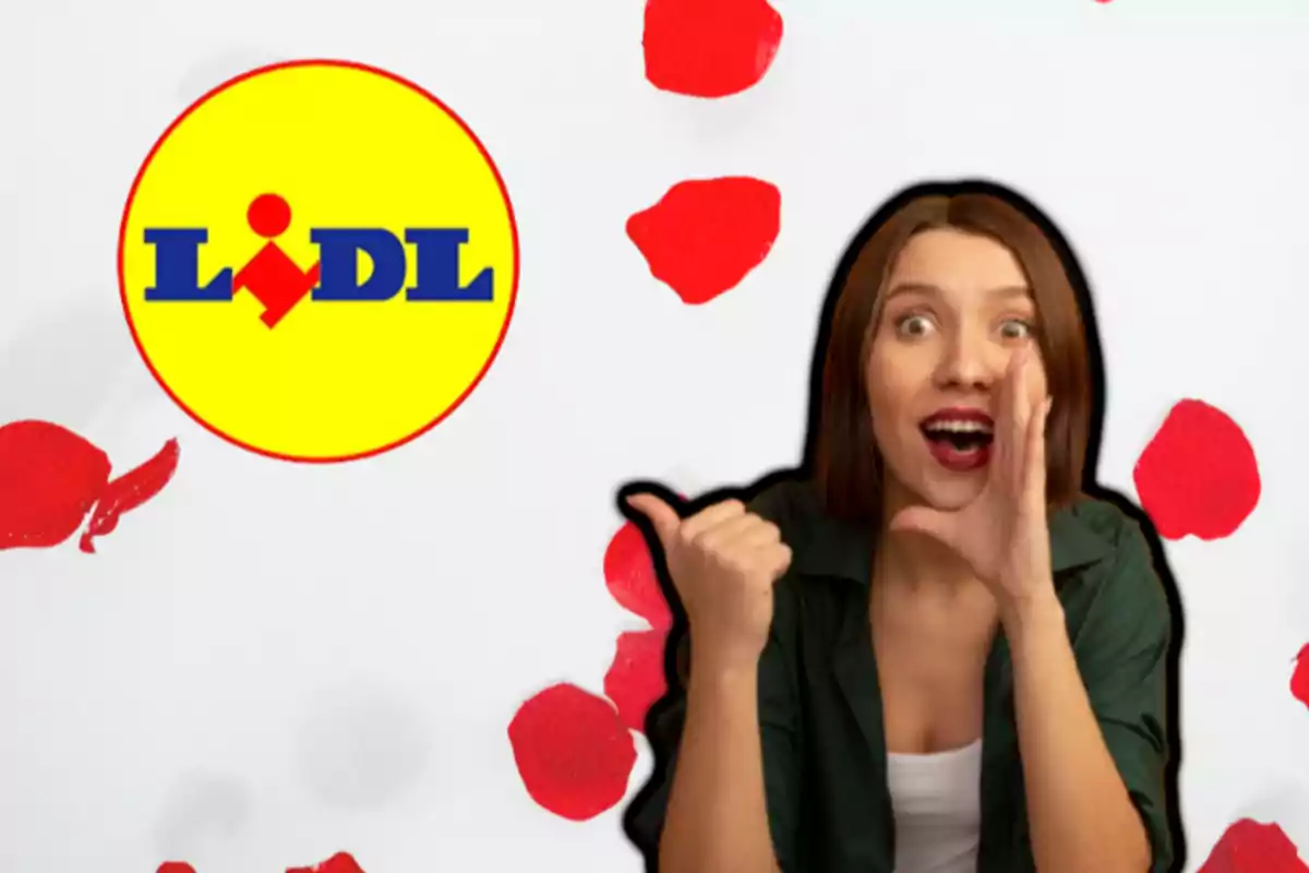 An excited woman gestures with her hand near her mouth, with the Lidl logo and red petals in the background.