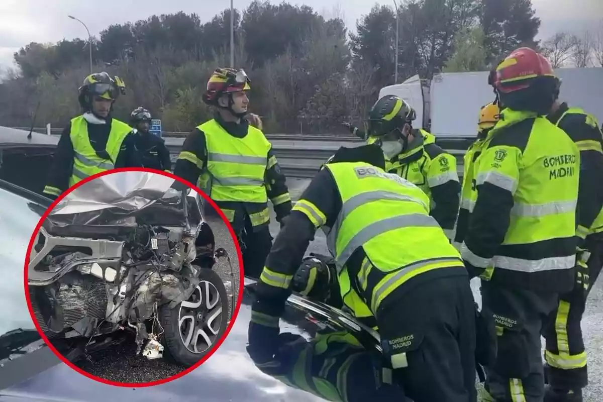 Imatge dels Bombers treballant a l'accident múltiple a l'A-3 de Madrid