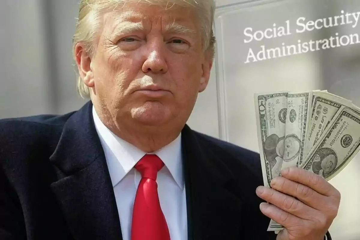 A man in a dark suit and red tie holds several dollar bills in front of a sign that says "Social Security Administration."