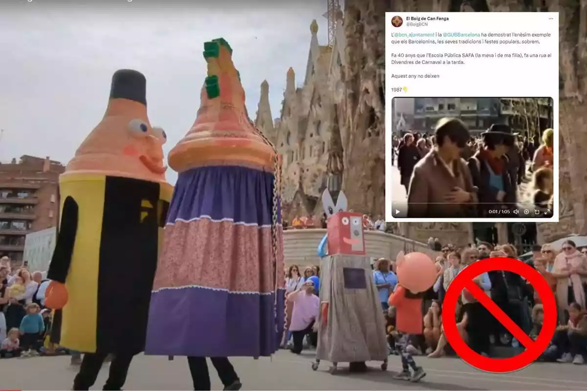 fotomuntatge d´una captura de pantalla d´un vídeo de twitter sobre el carnaval de l´escola safa de barcelona al costat d´un tuit que fa referència a la seva prohibició i un senyal de prohibit