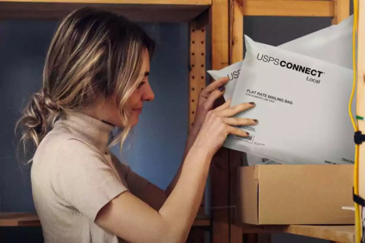 Woman organizing mail packages on a wooden shelf.