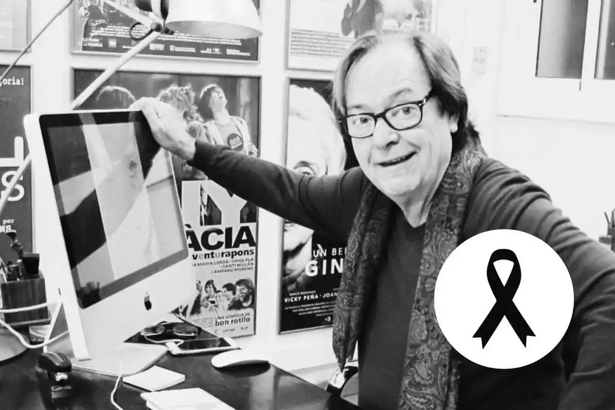 Muntatge de fotos amb una imatge de Ventura Pons a una oficina en blanc i negre i un cercle blanc amb un llaç negre