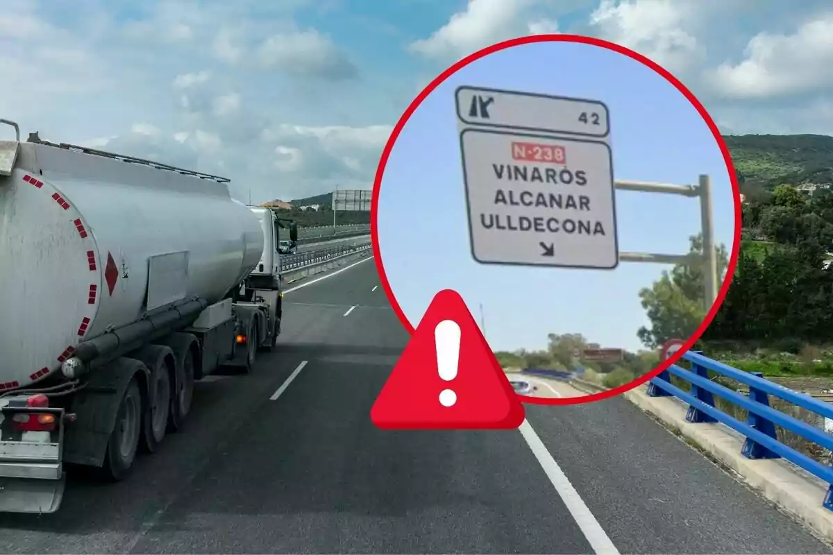 Un camió cisterna circula per una carretera, mentre un requadre ressalta un senyal de trànsit que indica les adreces cap a Vinaròs, Alcanar i Ulldecona.