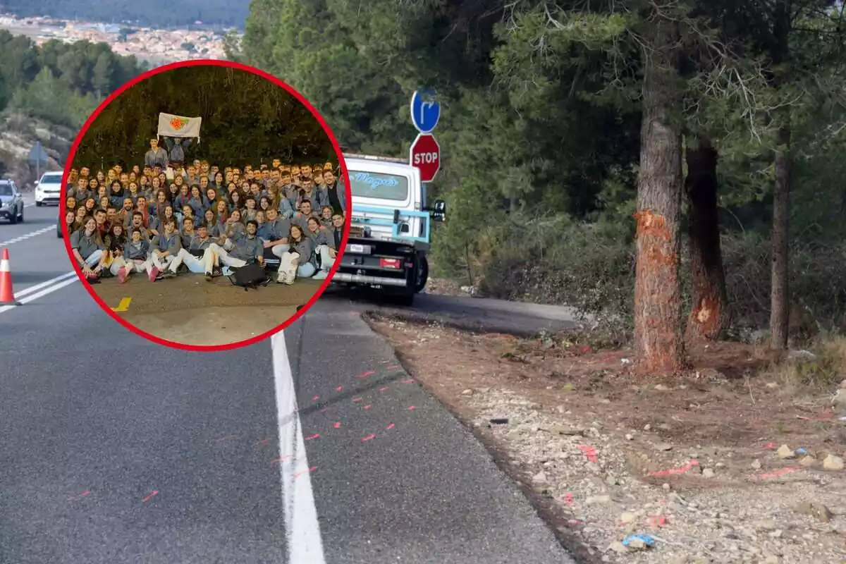 Muntatge fotogràfic entre la carretera N-240 en el seu pas per Montblanc i una imatge de la colla castellera Los Marracos