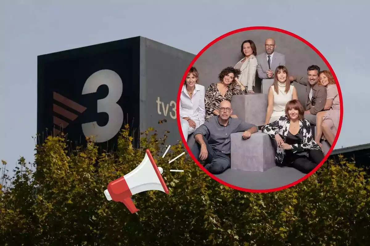 A building with the TV3 logo surrounded by trees and an illustrated megaphone, next to a circular image of a group of people posing together.