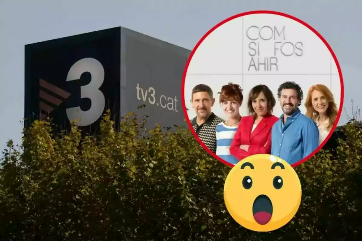 Imatge del logotip de TV3.cat amb un cercle vermell que conté cinc persones i el text "COM SI FOS AHIR", juntament amb un emoji de cara sorpresa.