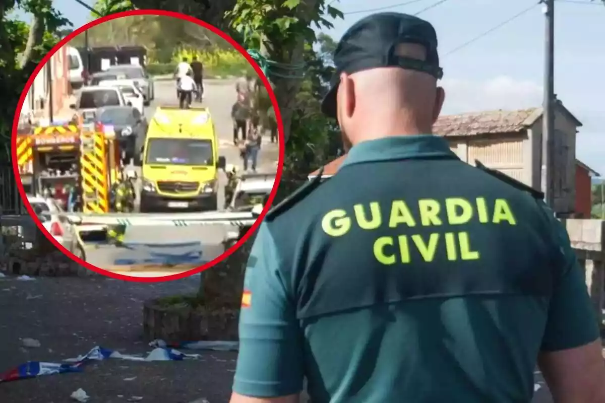 Fotomuntatge amb una imatge d'un agent d'esquena de la Guàrdia Civil i al capdavant una rodona vermella amb els fets a Las Gabias, Granada