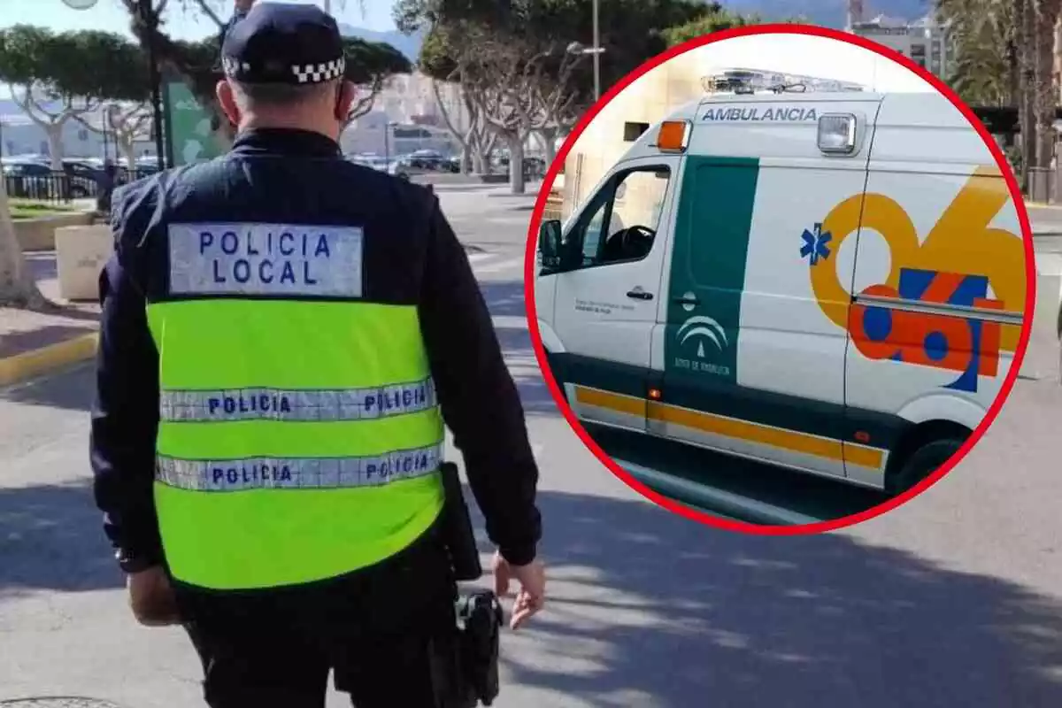Fotomuntatge d?un agent de la Policia Local i al capdavant una rodona vermella amb una ambulància d?Andalusia
