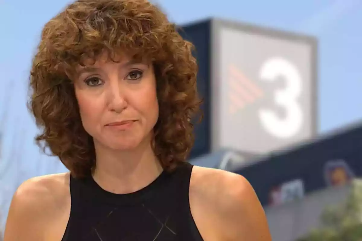 Fotomuntatge d'Agnès Marquès amb cara seriosa i les instal·lacions de TV3 de fons.