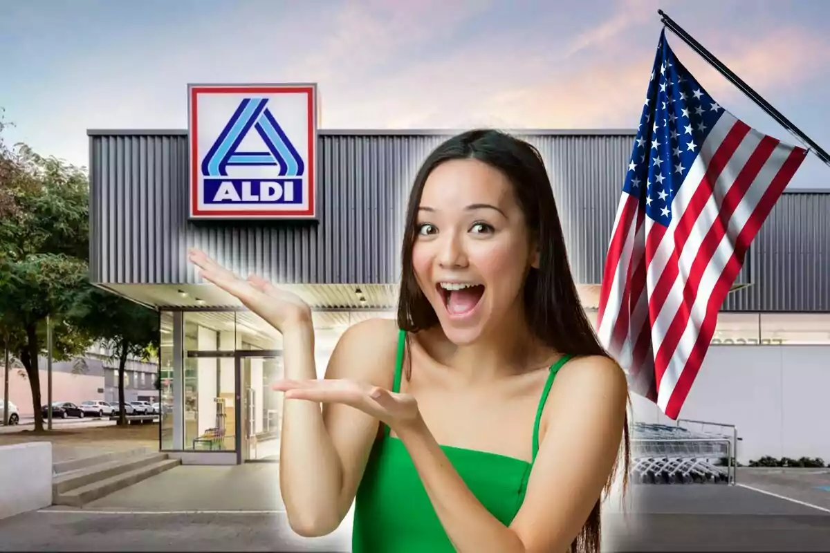 A smiling person in a green dress is in front of an Aldi store with a United States flag waving in the background.