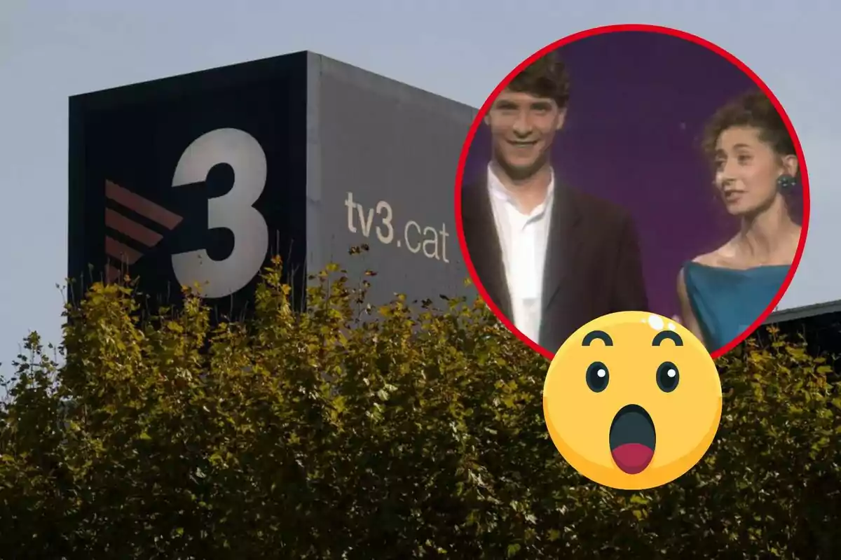 Edifici de TV3 amb una imatge inserida de dues persones i un emoji sorprès.