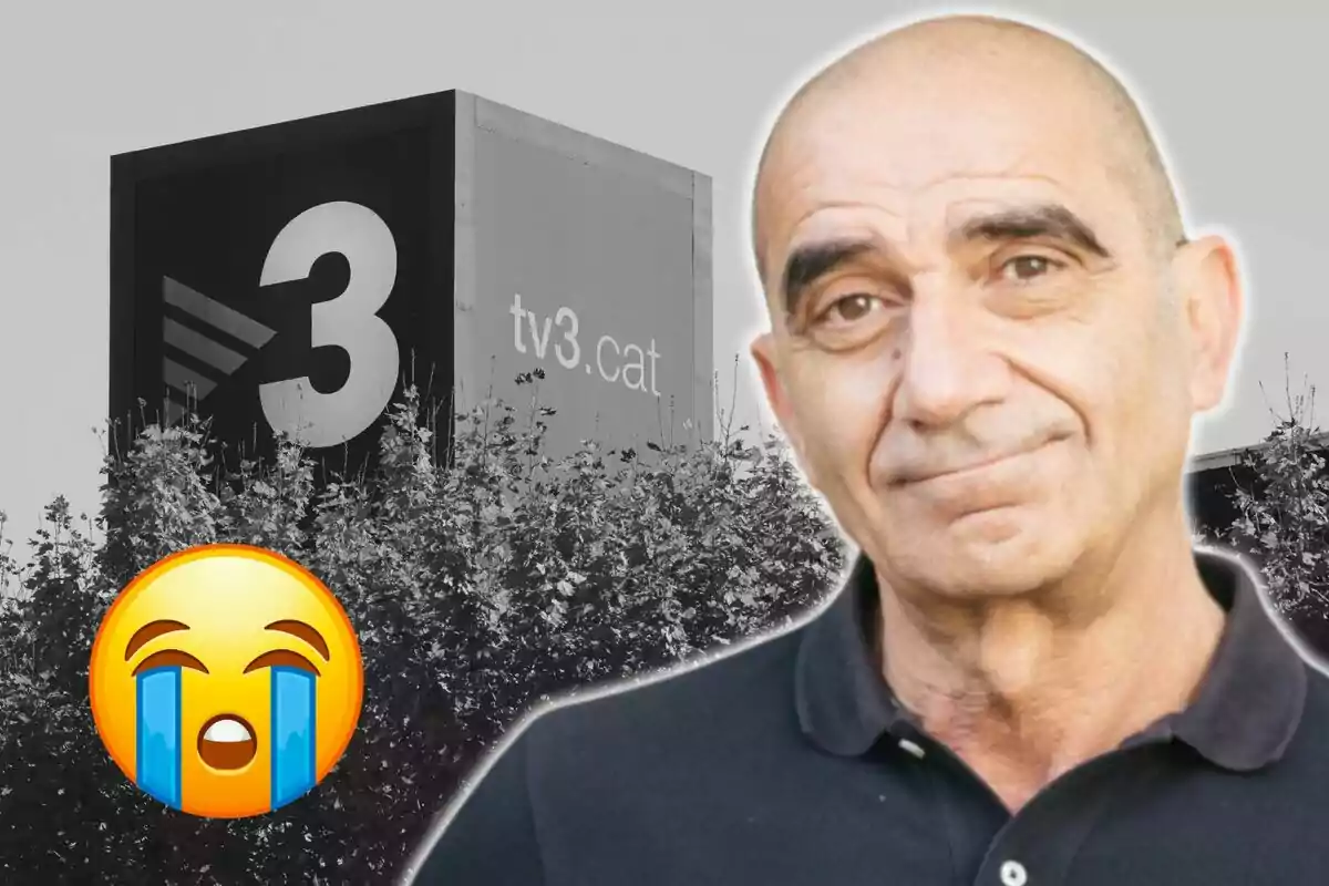 Fotomuntatge d'Alfred Rodríguez Picó amb les instal·lacions de TV3 de fons i una emoticona plorant