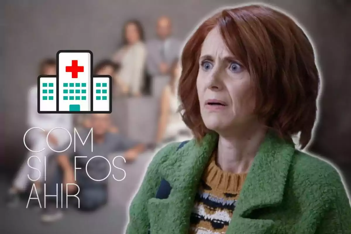 A woman with a surprised or worried expression, wearing a green coat and a striped sweater, appears in the foreground; in the background, a blurred group of people and a hospital icon next to the text "COM SI FOS AHIR".