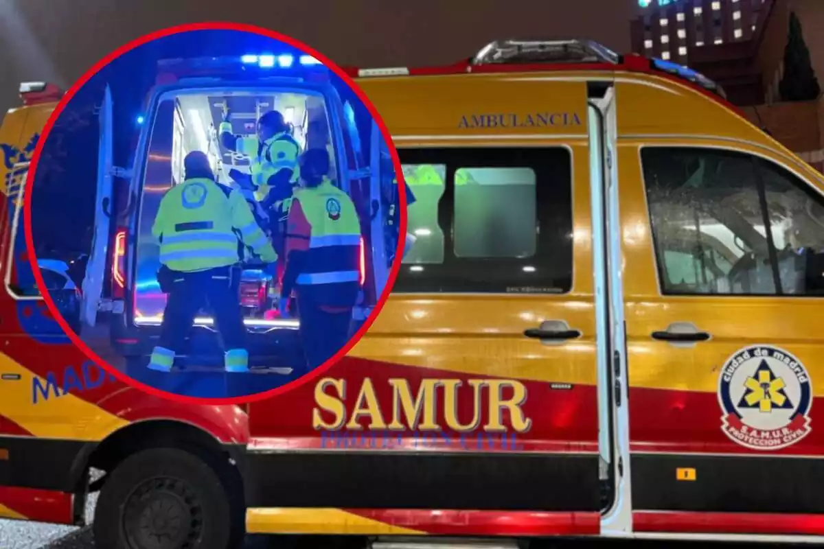 Fotomuntatge amb una ambulància de fons del Samur i al capdavant una rodona vermella amb els serveis d'emergències de Madrid atenent el jove de 18 anys