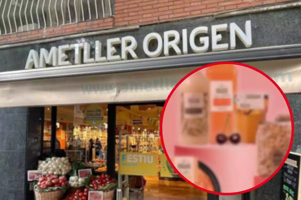 Fotomuntatge d´una botiga d´Ametller Origen i al capdavant una rodona vermella amb els productes del supermercat favorits dels clients