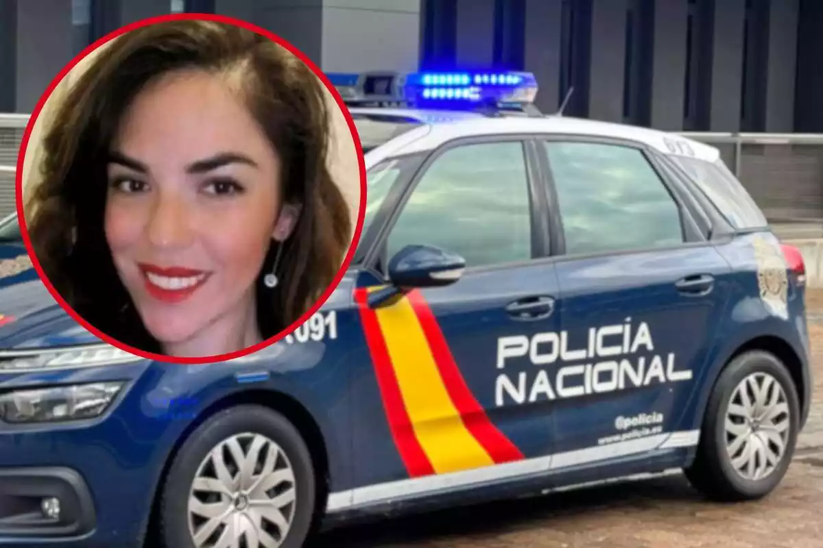 Fotomuntatge d?una imatge de fons d?un cotxe de la Policia Nacional i al capdavant una rodona vermella amb la cara d?Ana María, la dona desapareguda a Madrid