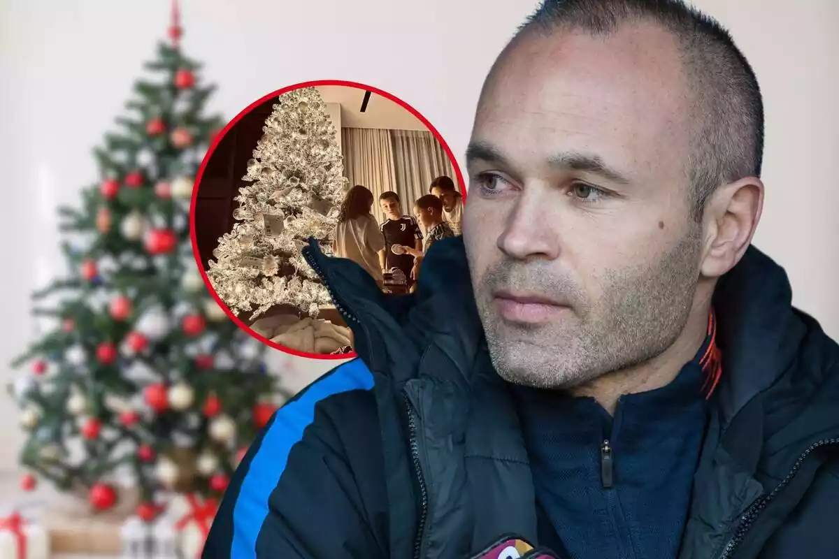 Fotomuntatge d'Andrés Iniesta amb una foto dels seus fills i un arbre de Nadal de fons