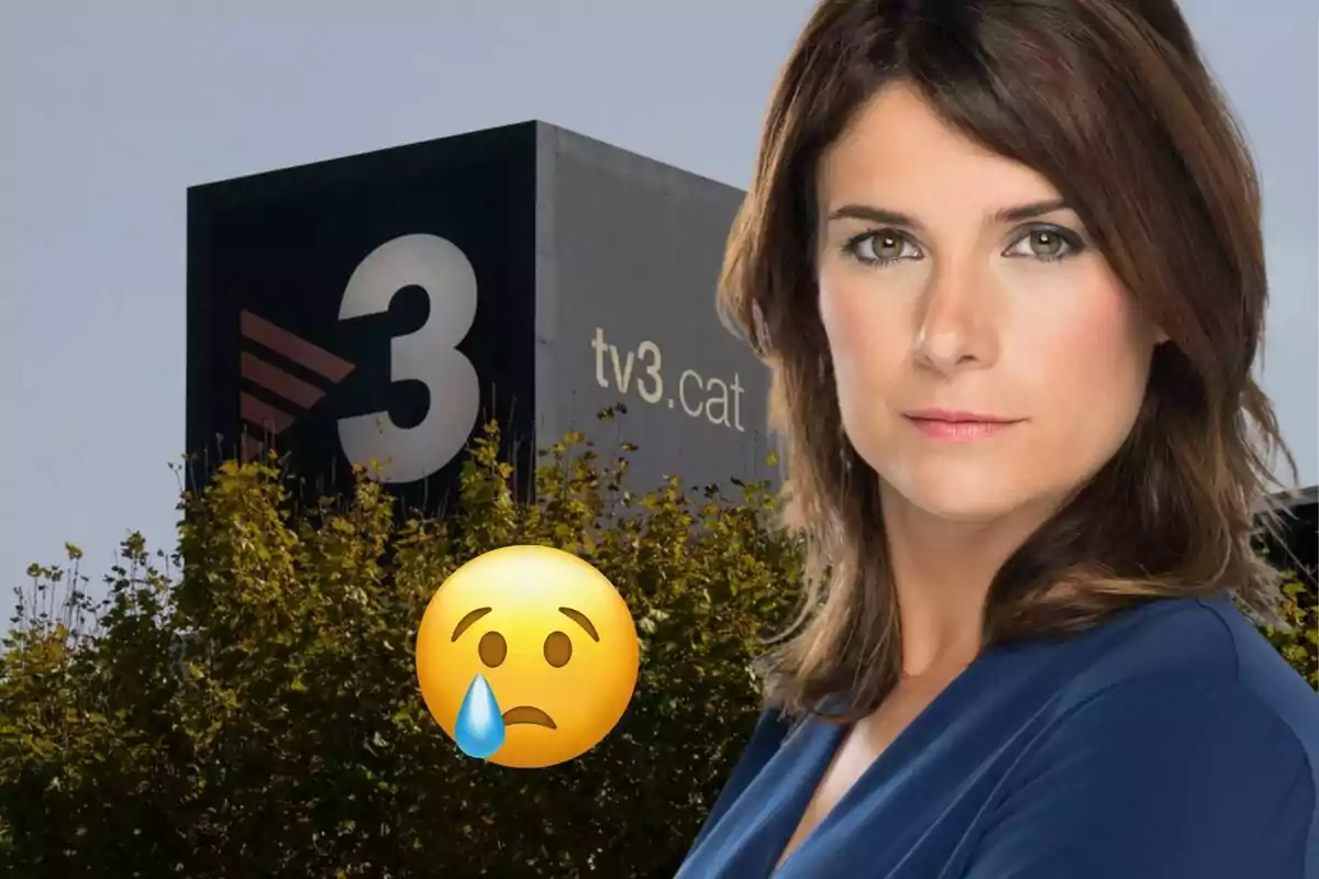 Una dona amb expressió seriosa davant d'un edifici de TV3 i un emoji trist.