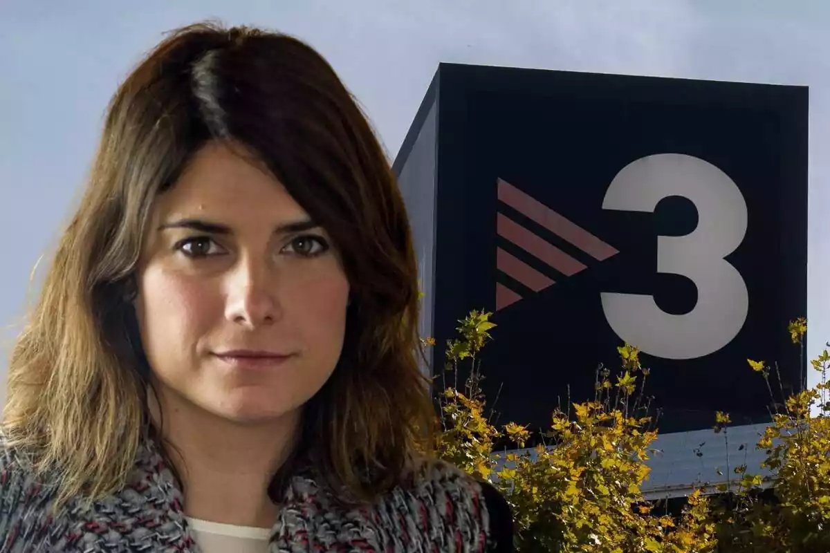 Fotomuntatge amb la imatge d'Ariadna Oltra al capdavant i de fons el logo dels estudis de TV3