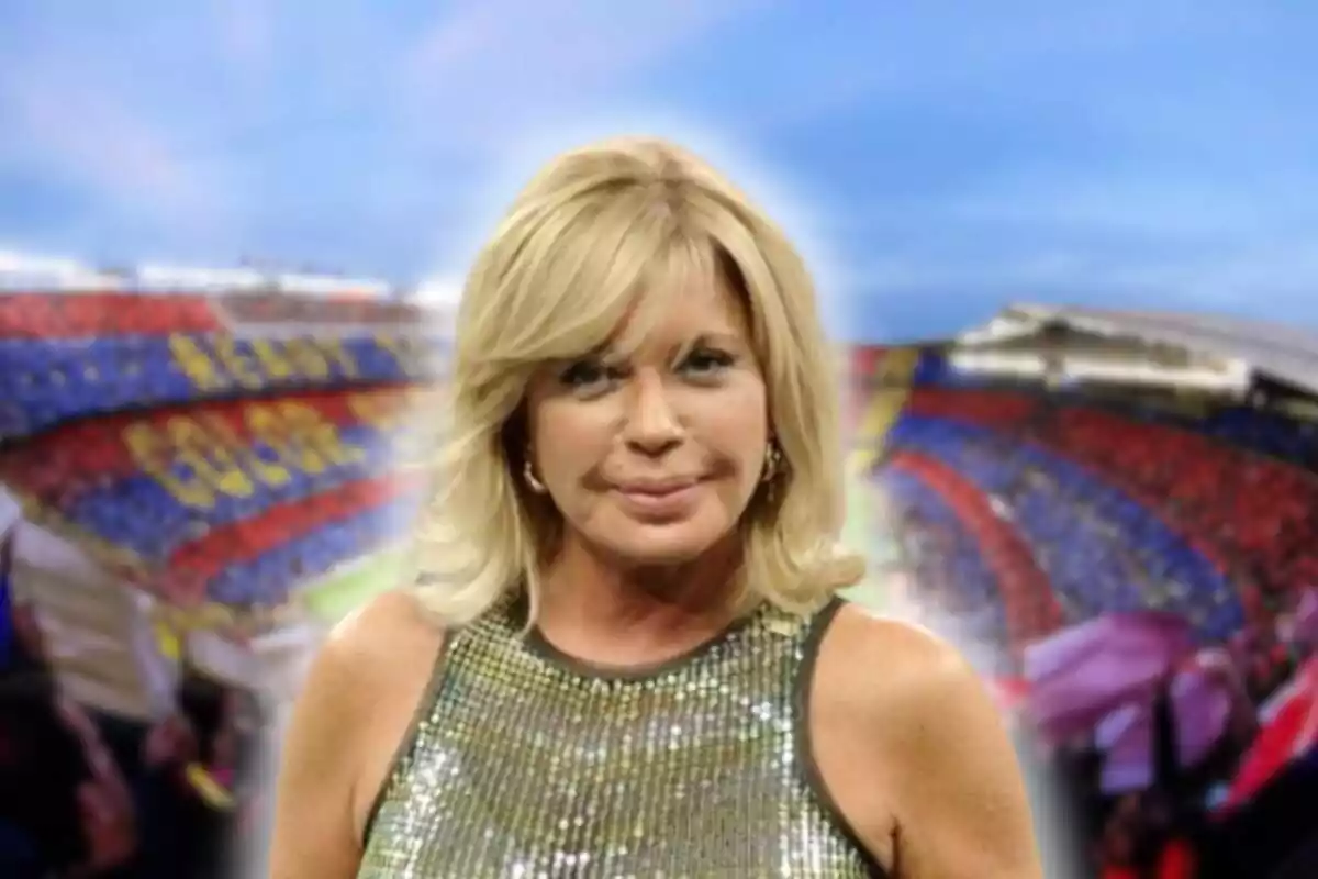 Fotomuntatge d'una imatge de Bárbara Rey i darrere el Camp Nou