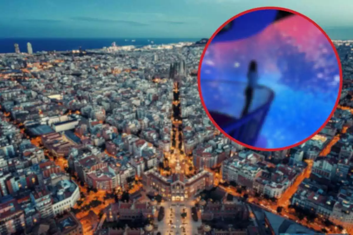 Fotomuntatge amb imatge de fons de la ciutat de Barcelona i una rodona vermella amb l'experiència Bubble Planet