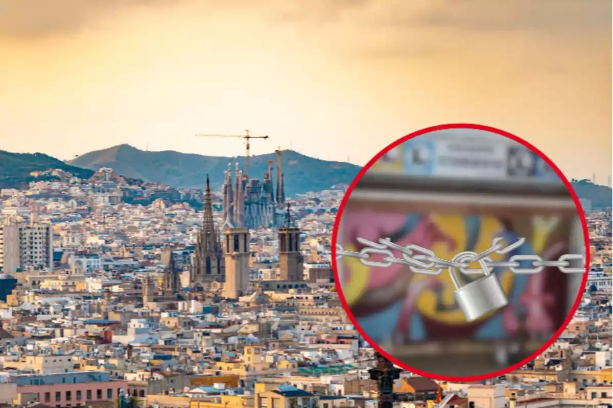 Fotomuntatge amb una imatge de Barcelona i una foto difuminada de Calçats Cubedo que ha tancat