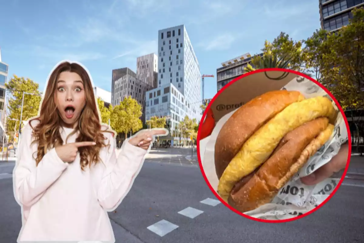 Fotomuntatge d´un fons de Barcelona, una dona sorpresa i una captura de pantalla d´una imatge de Tort