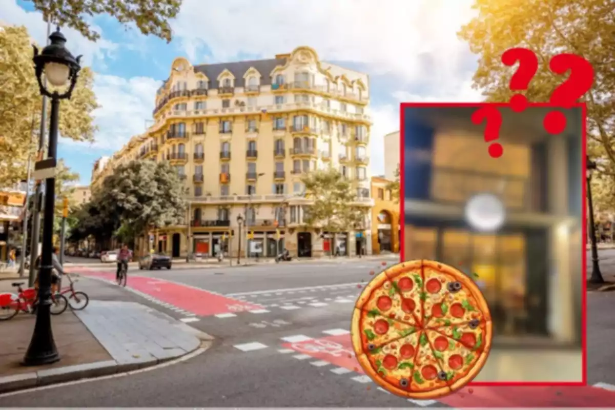 Fotomuntatge amb un fons de Barcelona, una imatge difuminada de la pizzeria Mama amb interrogants i una pizza