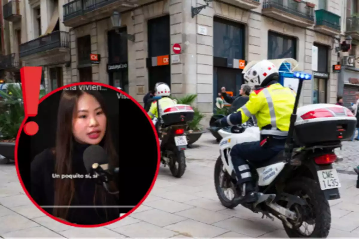 Fotomuntatge amb un fons de Barcelona amb policies i una foto emmarcada amb una exclamació d?una noia xinesa