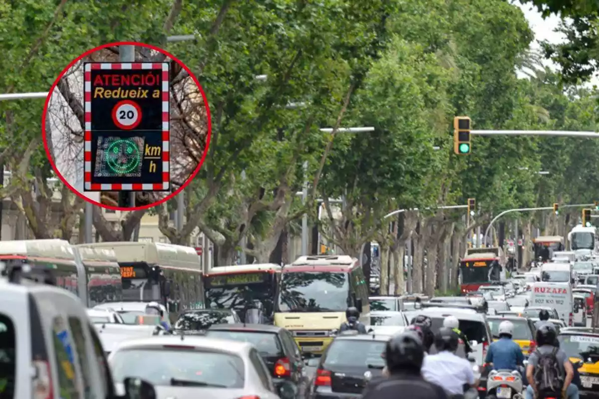 Muntatge fotogràfic entre una imatge del trànsit de Barcelona i una imatge dels nous radars