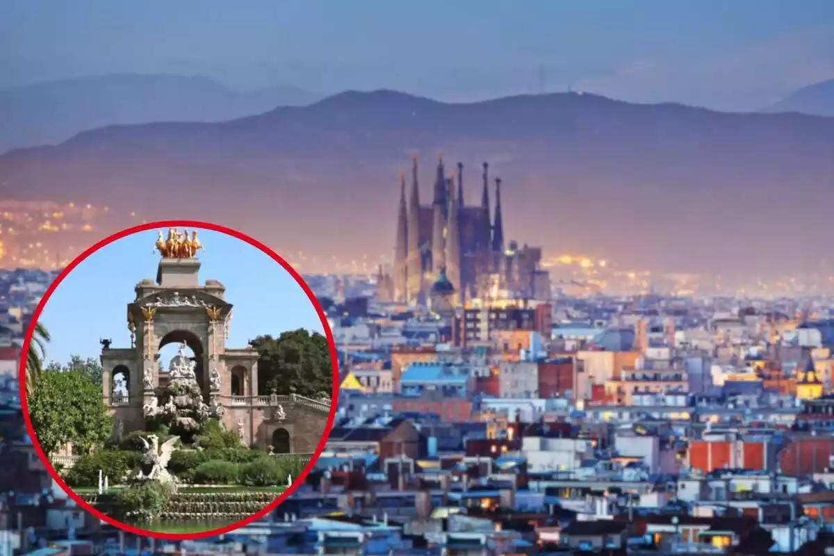 Fotomuntatge amb una imatge de fons de la ciutat de Barcelona amb la Sagrada Família i una rodona vermella al capdavant del parc de la Ciutadella