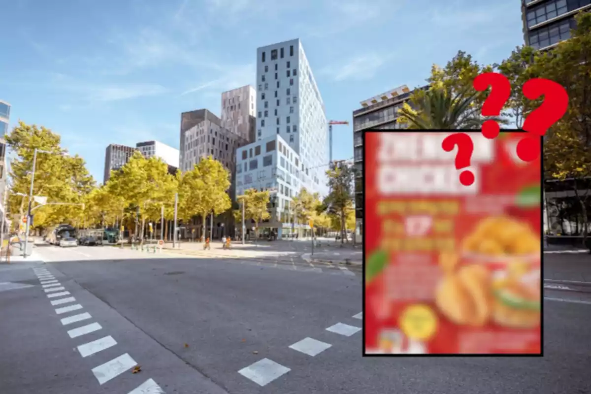 Fotomuntatge amb fons de Barcelona i una imatge difuminada del nou restaurant de pollastre fregit xinès i signes d'interrogació