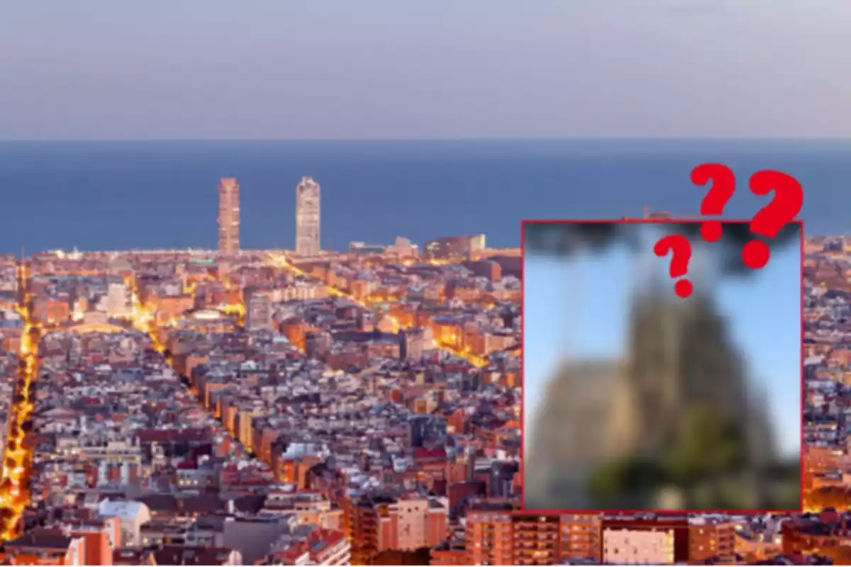 Fotomuntatge amb fons de Barcelona i una foto de la Sagrada Família difuminada i amb signes d'interrogació