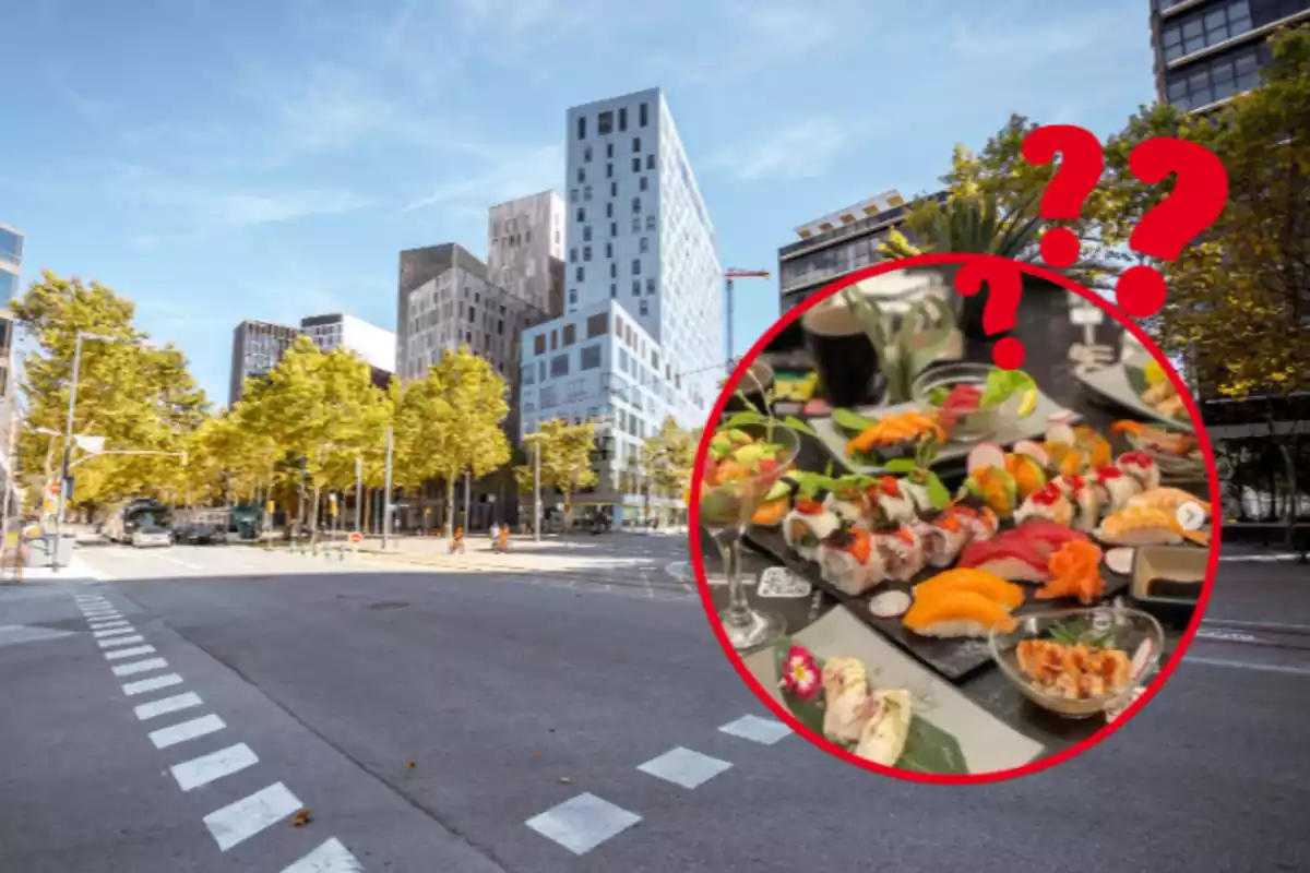 Fotomuntatge amb un fons de Barcelona i una foto d'una taula plena de sushi de Onzè sushi a Barcelona