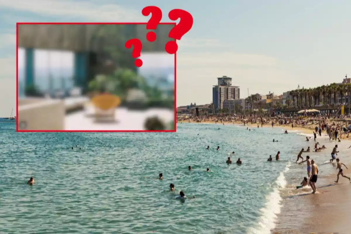 Fotomuntatge amb la platja de la Barceloneta de fons, una foto difuminada del restaurant Azul Rooftop i signes d'interrogació