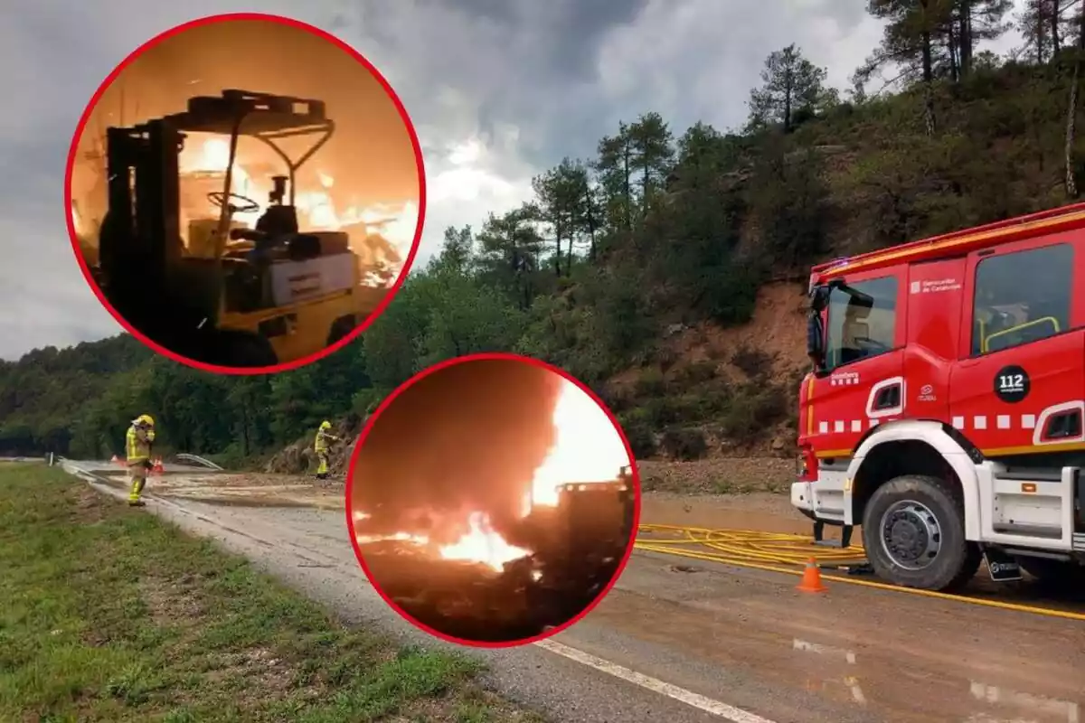 Muntatge fotogràfic d'una imatge dels Bombers i imatges d'un incendi