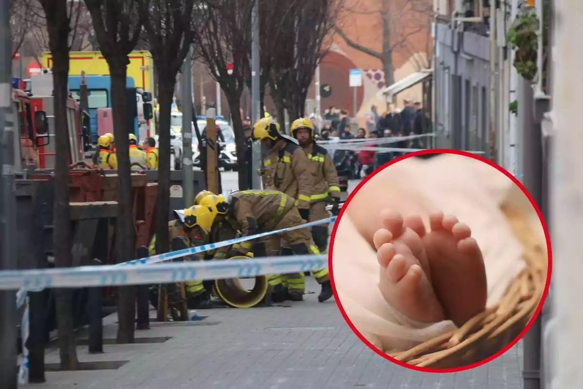 Fotomuntatge d'una foto de l'ACN dels bombers treballant a l'esfondrament d'un edifici a Badalona amb una fotografia dels peus d'un nadó