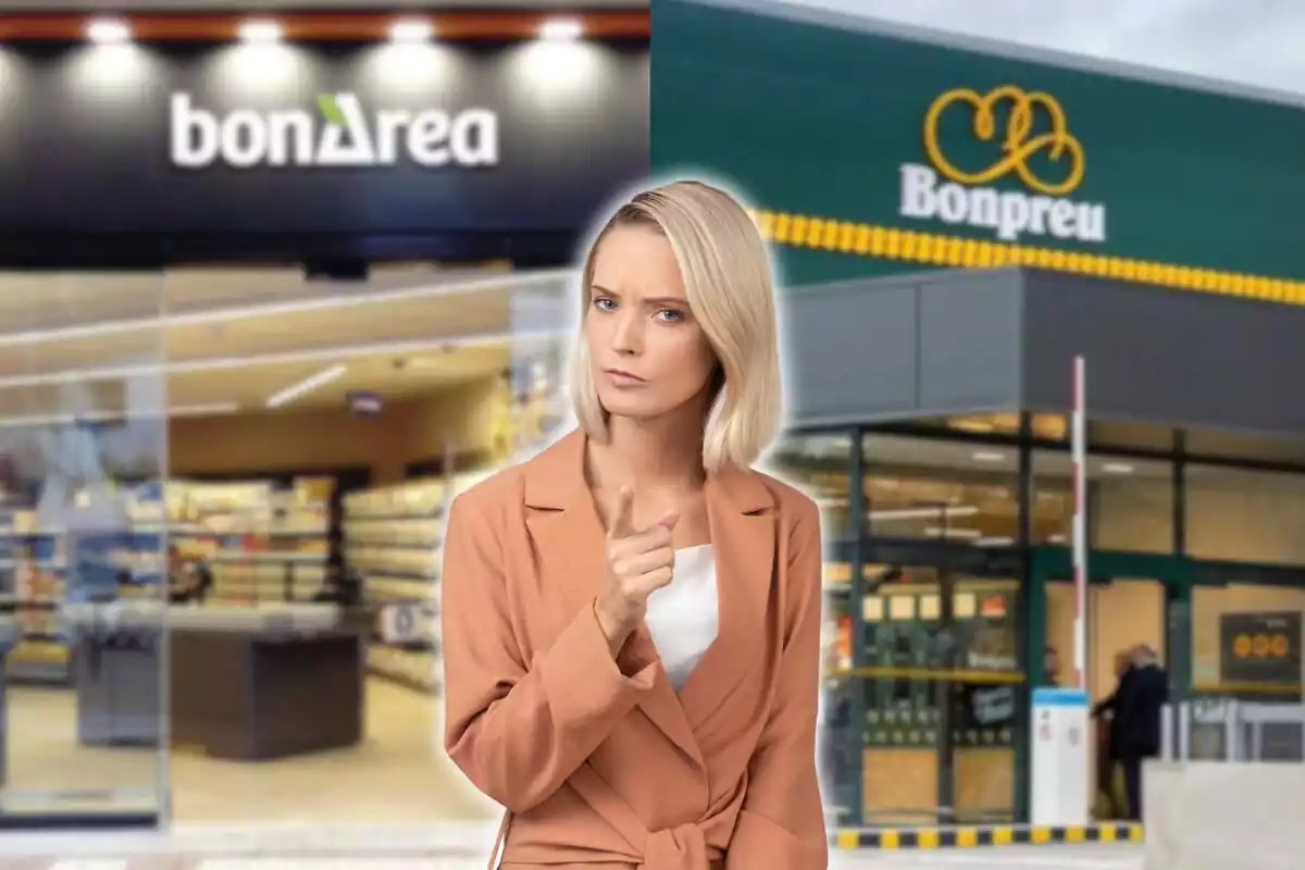 Muntatge fotografic entre dues imatges d'un supermercat bonpreu i un bonarea i una persona davant